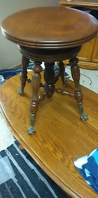 Antique Piano Stool A Merriam Co Brass Eagle Clawfoot W/ Glass Balls 19-22& 1/2” • $160