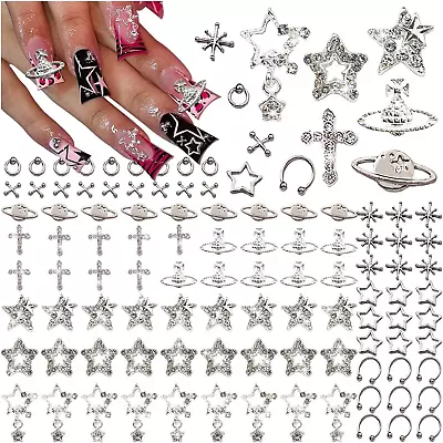 110PCS Star Nail Charms For Acrylic NailsSilver Star Planet Cross Alloy Nail Ar • $20.45