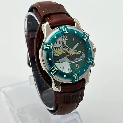 Vintage 1990s Men's Sneaker Dial Teal Green & Silver Tone Watch Brown Leather • $17.49