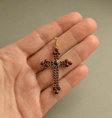 $180 • Buy Rare 1.00 Carat Garnet 1940's 1.5 Inches Long Cross Pendant 14k Yellow Gold GP