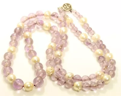 Vintage Handmade Genuine Amethyst & Cultured Pearl Bead Necklace 24  • $49.99