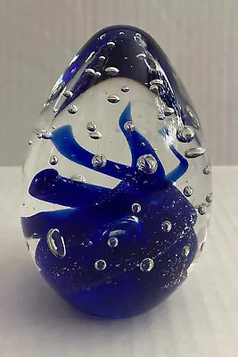 Large Glass Egg-Shaped Heavy Paperweight 4.5 X 3.25 Clear W Blue Swirls Bubbles • $31.99