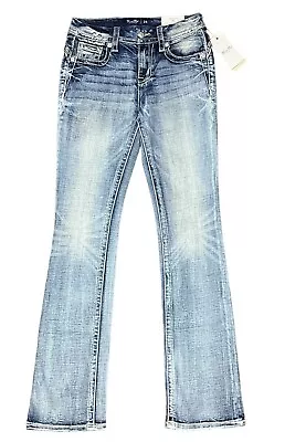 NEW Miss Me Curvy Tailored Boot Jeans Womens Size 25x34 Blue Light Wash Grunge • $44.95