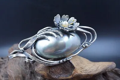 Vintage Silver Plated Faux Grey Blister Mabe Pearl Brooch • $28.88