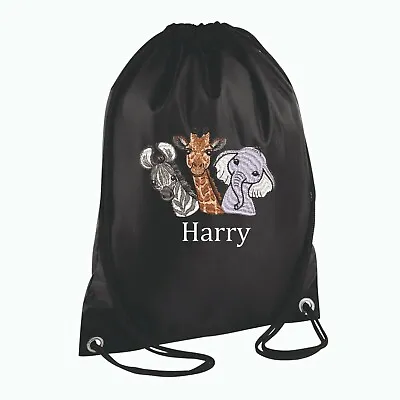 Personalised  EMBROIDERED Drawstring Bag School PE Kids 3 Safari Animals 3 Des • £9.99