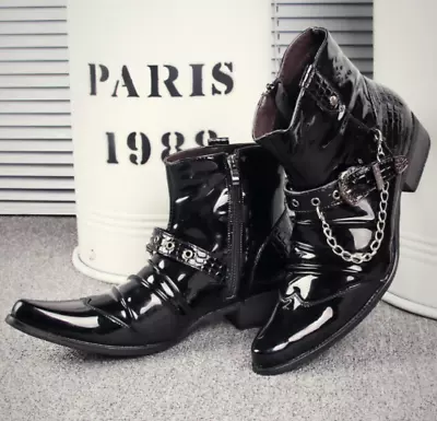 Mens Patent Leather Ankle Boots Punk Nightclub Party Cowboy Pointed Toe Shoes  • $57.30