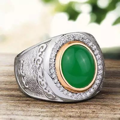 Men's Ring With Natural Green Jade Gemstone In 925 Sterling Silver • £125.37