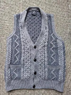 Irsh Wool ARAN Sweater Vest M Light Blue IRELAND Made FISHERMAN Cardigan 40 • $59.95