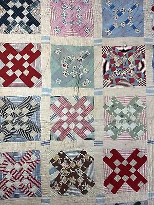 Vintage Cotton Feedsack Colorful Hand Stitched X Patchwork Cottage Quilt • $70
