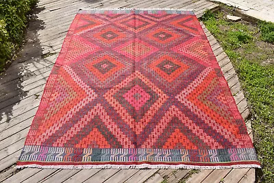 Turkey Kilim Handwoven 6x9 Cicim Kilim Natural Wool Vintage Pink Rug 192x295cm • $455