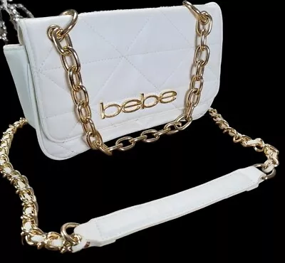 Bebe Crossbody Handbag Tote White Faux Leather With Gold Chain & Logo Small Size • $27.95