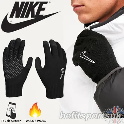 Nike Mens Winter Gloves Football Kids Knit Grip Magic Touch Screen Phone Black • £13.90