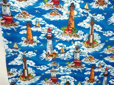 Michael Miller Blue Cotton Fabric Lighthouse/Sky/Waves OOP 2 1/2 Yards X 44 Inch • $19.99