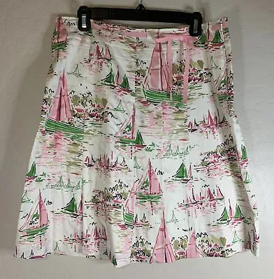 J Crew Cotton Skirt Womens 8 A Line Ribbon Tie Waist Pink Green Boats Sailing • $27.99