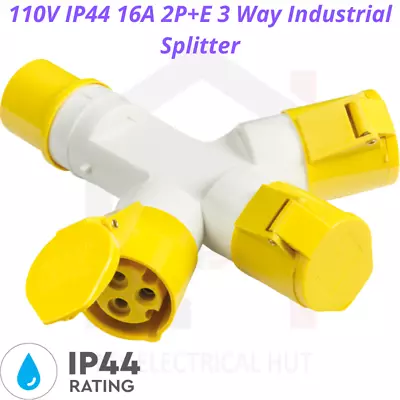 110V IP44 16A 2P+E 3 Way Industrial Splitter Connector Yellow Camping Caravan  • £15.95