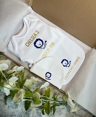 Chelsea FC Fan Cute New Born Gift Set With Baby Grow Bib & Beanie Hat  • £18