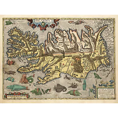 Map Ortelius 1585 Iceland Sea Monsters Pictorial Large Wall Art Print 18X24 In • £15.99