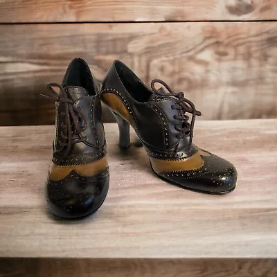 Vintage 1990’s Bongo Pinup Girl Oxford Heeled Shoes Size 8 Brown/Black (M) • £28.92