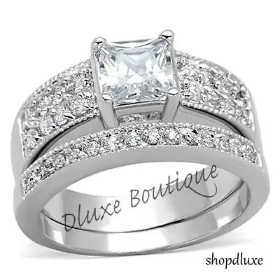 2.50 Ct Princess Cut AAA CZ Stainless Steel Wedding Ring Set Women's Size 5-10 • $17.99
