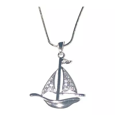 Sailboat Crystal Pendant Necklace 16 Inch L White Gold Plated • $15.27