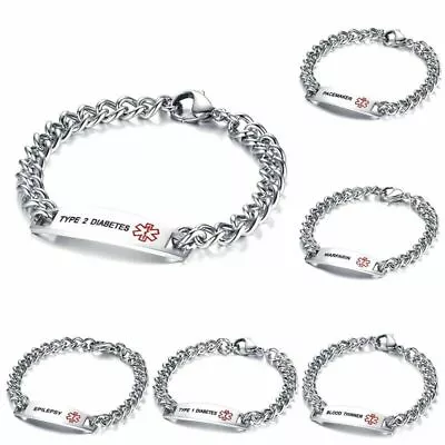 MEN Women LASER ENGRAVED Emergency Medical Alert Stainless Steel Bracelet 8.7   • $10.68