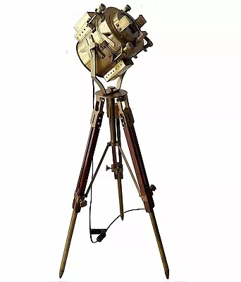 Vintage Brass Nautical Searchlight Spotlight Floor Lamp Wooden Tripod Stand • $189