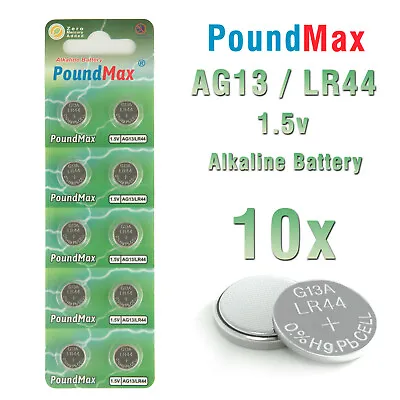 10 X PoundMax AG13 LR44 SR44 L1154 A76 1.5V ALKALINE BUTTON BATTERIES • £2.39