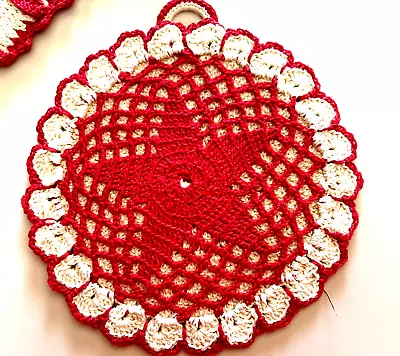 Potholders 5  Vintage Handmade Red & White Crocheted  Square Round Star 1950 S • $23.99
