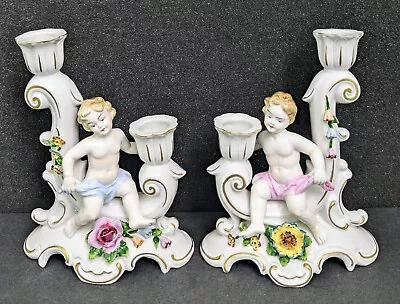 (2) Vintage Porcelain Hand Painted Cherub Candle Holders Marked  N  & Crown 7  • $120