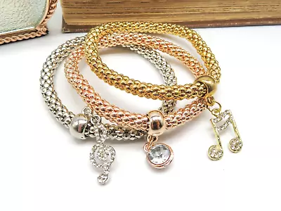 Set Of 3 Gold Silver Rose Gold Mixed Metal Music Charm Layering Bracelets P61 • $14.44