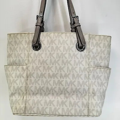 Michael Kors Handbag Jet Set Ivory Beige Signature Tote Satchel Leather Bag • $44.96