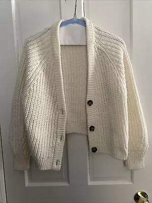 H&M Size L Ivory Ribbed Thick Button-down Balloon Sleeve Cardigan Sweater • $10