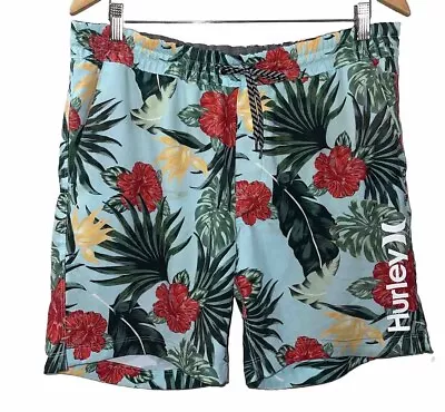 Hurley Hibiscus Volley 7  Board Shorts Aqua Tropical Floral Swim Men’s Size Med • $14