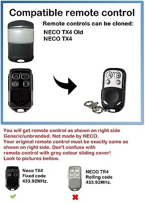 Universal Remote Control Duplicator For NECO TX4 NECO TX4 Old 433.92MHz. • £6.50