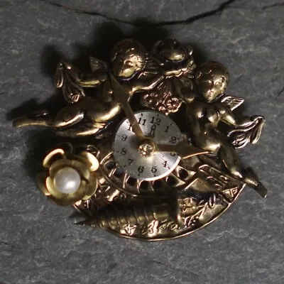 Vintage Brooch - Victorian Steampunk Cherub Angel Flower Clock Screw Brass Gold • $12.99