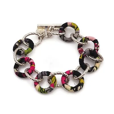 Vera Bradley Silver Tone Textured Oval Link Multicolor Fabric Chain Bracelet • $20
