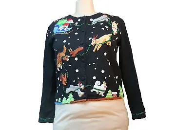 Michael Simon Cardigan Women Small Vintage DOG SANTA REINDEER Embroidered Black • $199.99