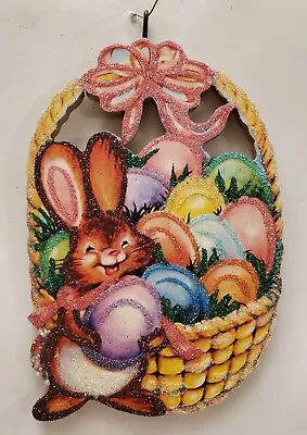 BUNNY RABBIT W BASKET Of PASTEL COLORED EGGS * Glitter EASTER ORNAMENT * Vtg Img • $10.50