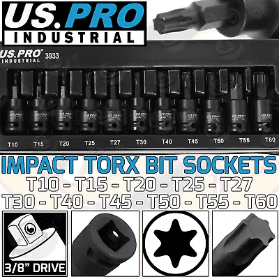 US PRO IMPACT TORX BIT Sockets Set 3/8  Drive Impact TRX Star Sockets T10 To T60 • £13.95