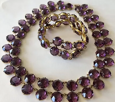 Stunning Vintage Purple Glass Chain Link Choker Necklace & Bracelet Set 15” • $38