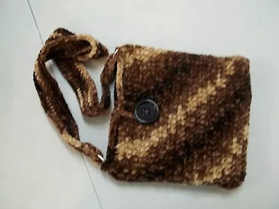 034) Hand Crochet Medium Bag In Browns Button Close Carry Strap • $30