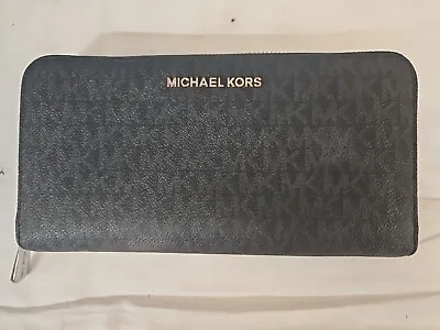 Michael Kors Jet Set Large Travel Continental Zip Wallet Black MK Logo Wristlet • $68.49