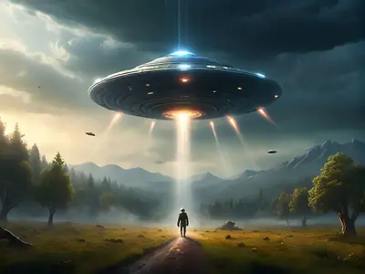 UFO UAP Aliens Alien Abduction Person Lonely Road Trees Dark Clouds Poster Print • $26.99