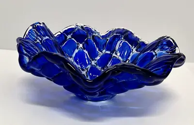 Murano Lavorazione Art Glass Cobalt Blue Honeycomb Dish Made In Italy 8  X 3  • $69.95