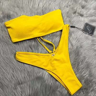 Zaful Womens Yellow Ribbed Strapless Bandeau Bikini Set Medium • $25