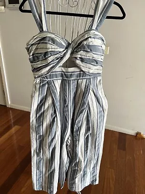 $50 • Buy Sheike Light Blue And White Striped Jumpsuit Size 10, Capri Length, Pockets EUC