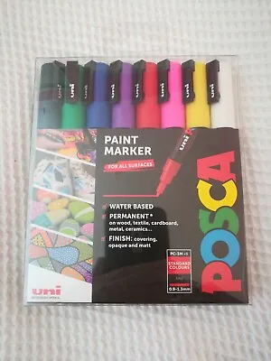 Uni Posca Paint Marker Art Pens PC-3M Medium Wallet Set Of 8 Standard Colours • £10