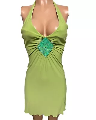 Y2K Green Sequin Triangle Patch Halter Party Cleavage Dress Large Y2k Retro Glam • $10.80
