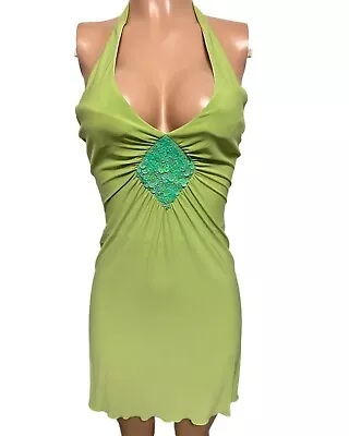 Y2K Green Sequin Triangle Patch Halter Party Cleavage Dress Small Y2k Retro Glam • $12