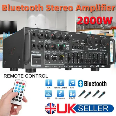 2000W Bluetooth HiFi Power Amplifier USB SD 2CH Stereo Karaoke Theater Car Home • £39.80